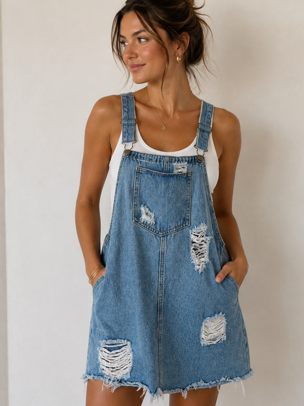 NWT Cello Distressed Jean Overall Dress Size M Fringe Frayed Skater Boho Hiphop